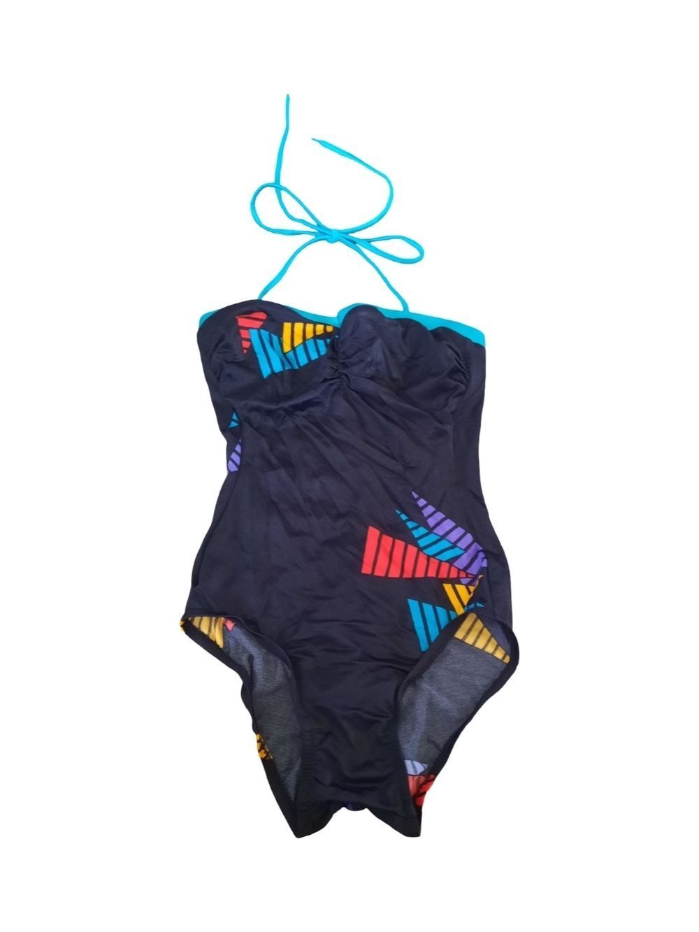 jcpenney Black One-Piece Swimsuit with Teal Halter and Bright Geo Accents